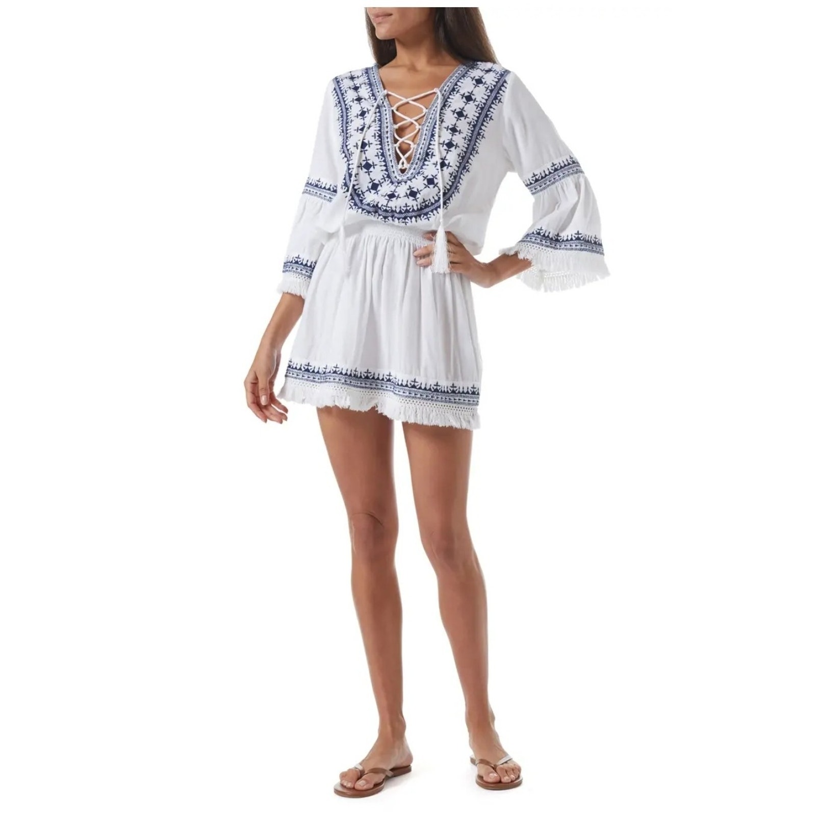 Melissa Odabash Martina Embroidered White Blue Cotton Linen Mini Dress M